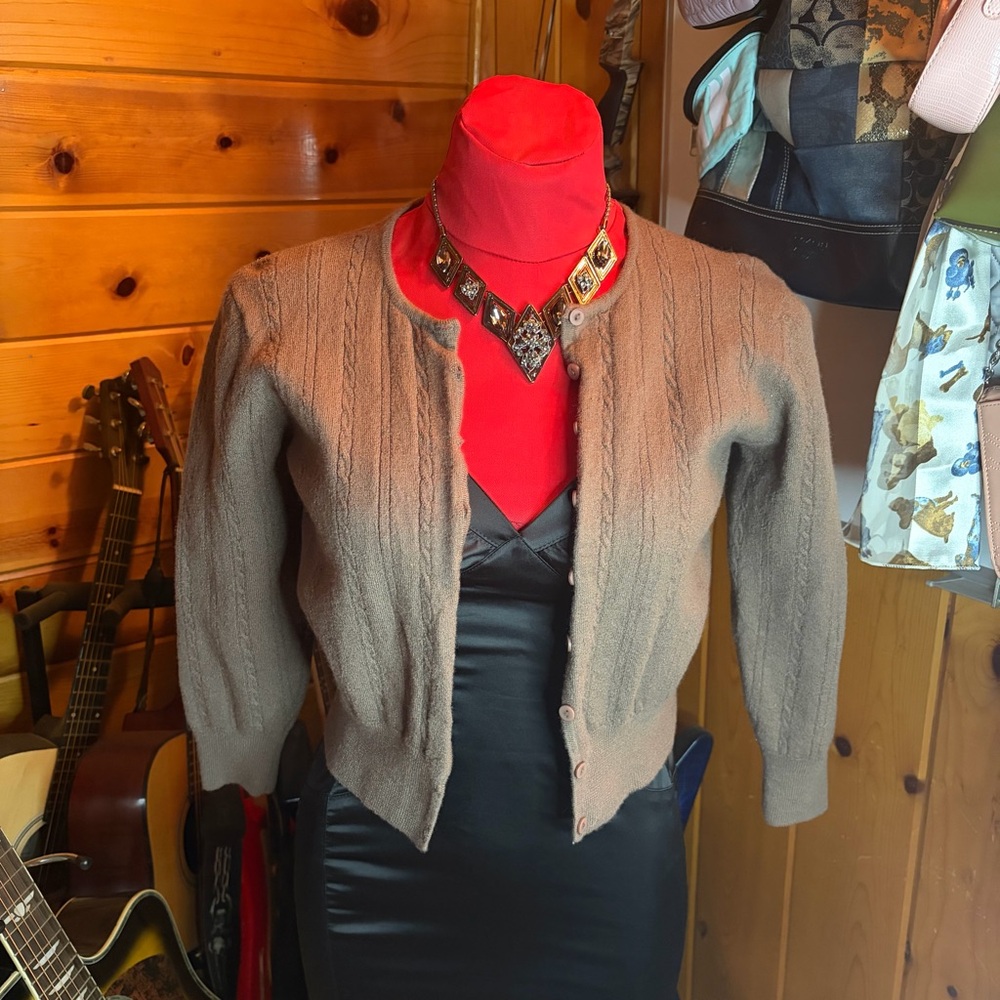 Jeanne Pierre Coquette Y2K Brown Cable Knit Cardigan Sweater Size Small